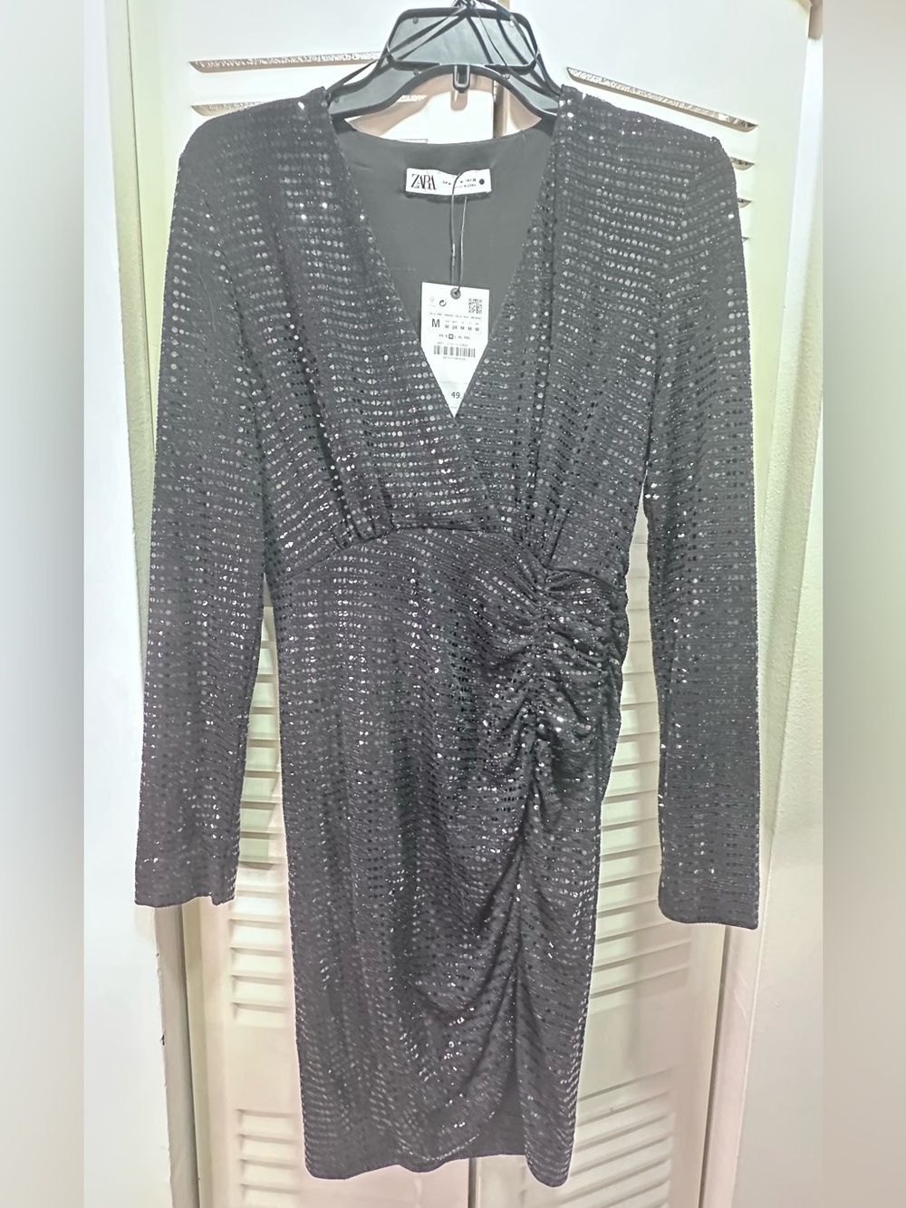 Zara Black Sequin Ruched Wrap-Style Long Sleeve Dress